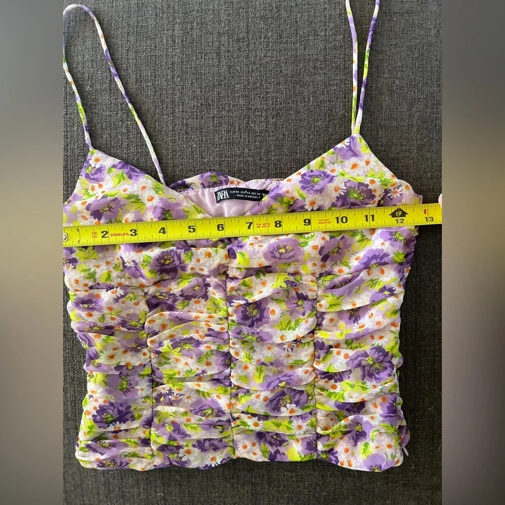 Zara Purple Floral Ruched Crop Top Euro Summer Coastal XS - Picture 7 of 8